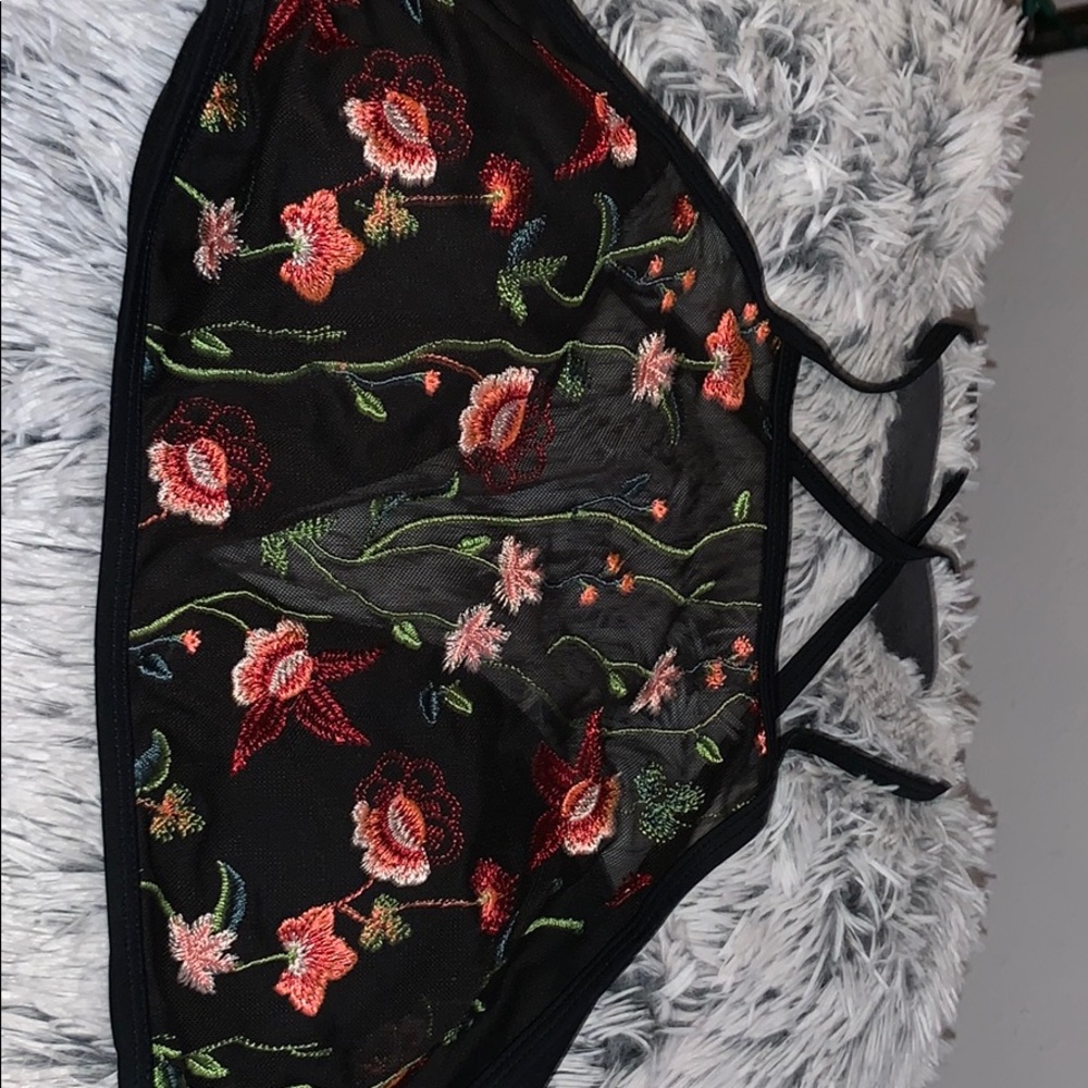 Sheer bikini top with floral embroidery